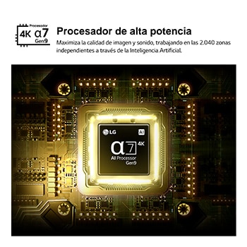 LG QNED evo AI QNED80 Mini LED’s alpha 7 AI Processor 4K Gen9 glows at the center of a yellow circuit board, highlighting smarter, more powerful AI processing that enhances 4K image clarity with improved contrast and depth.