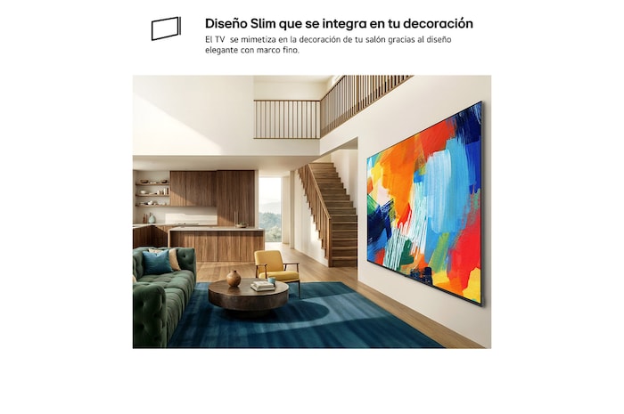 LG QNED evo AI QNED80 Mini LED with a Slim Design is wall-mounted in a bright, open living space, featuring a sleek profile that blends seamlessly into the interior while displaying a bold, colorful abstract artwork.