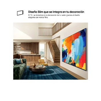 LG QNED evo AI QNED80 Mini LED with a Slim Design is wall-mounted in a bright, open living space, featuring a sleek profile that blends seamlessly into the interior while displaying a bold, colorful abstract artwork.