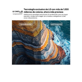 LG QNED evo AI QNED80 Mini LED highlights how its Mini LED reveals sharper rock textures and clearer ocean detail than conventional LED in a split coastal cliff scene, delivering deeper blacks and more refined contrast for greater clarity and depth.