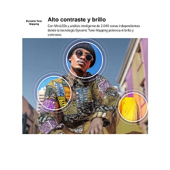 LG QNED evo AI QNED80 Mini LED with 4K Super Upscaling and Dynamic Tone Mapping shows a low-angle outdoor scene of a man between colorful buildings, as AI recognizes the scene and upscales each frame to 4K resolution.