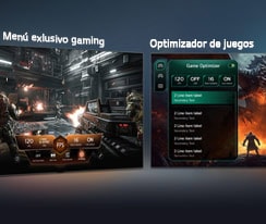 El LG QNED evo AI QNED85 Mini LED con Game Dashboard y Optimizer muestra pantallas de juego lado a lado y un menú en pantalla para ajustar en tiempo real configuraciones de juego como tasa de refresco, latencia y modos visuales.