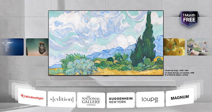 LG QNED evo AI QNED85 Mini LED con LG Gallery+ exhibe obras seleccionadas en el interior de un hogar, con obras de arte en rotación, junto con referencias a museos asociados y un mensaje de "1 mes gratis".