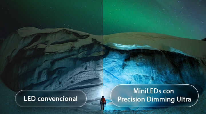 LG QNED evo AI QNED90 con Mini LED y Precision Dimming Ultra muestra una escena glaciar iluminada por auroras divididas comparándola con LED convencional, ilustrando negros más profundos, detalles de contraste más claros y mayor claridad.