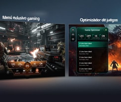 LG QNED evo AI QNED90 con Game Dashboard y Optimizer muestra pantallas de juego lado a lado y un menú en pantalla para ajustar en tiempo real configuraciones de juego como tasa de refresco, latencia y modos visuales.