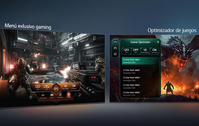 LG QNED evo AI QNED90 con Game Dashboard y Optimizer muestra pantallas de juego lado a lado y un menú en pantalla para ajustar en tiempo real configuraciones de juego como tasa de refresco, latencia y modos visuales.