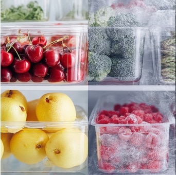 Il y a des fruits dans les conteneurs du grand réfrigérateur congélateur de LG. Le côté gauche montre des fruits frais sans givre, tandis que le côté droit est couvert de givre.