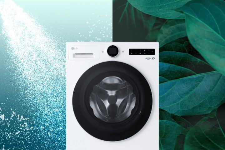 Vue avant d’une machine à laver LG avec « 39 » affiché sur le panneau. Des jets d’eau puissants pulvérisent dans quatre directions, avec des feuilles vertes affichées sur la droite.