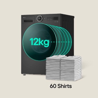Machine à laver LG noire de 12 kg avec « 12 kg » affiché sur le panneau avant. Les chemises superposées à côté de la machine illustrent sa capacité à gérer jusqu’à 60 chemises en une seule charge.