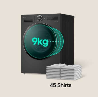 Machine à laver LG noire de 9 kg avec « 9 kg » affiché sur le panneau avant. Les chemises superposées à côté de la machine illustrent sa capacité à gérer jusqu’à 45 chemises en une seule charge.