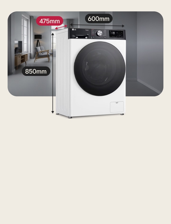 Dimensions du lave-linge compact LG montrant une profondeur de 475 mm pour les espaces restreints.