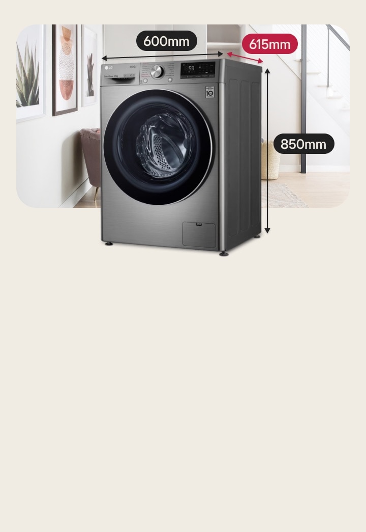 Machine à laver LG grande capacité en argent avec une profondeur de 615 mm et une taille de tambour généreuse.