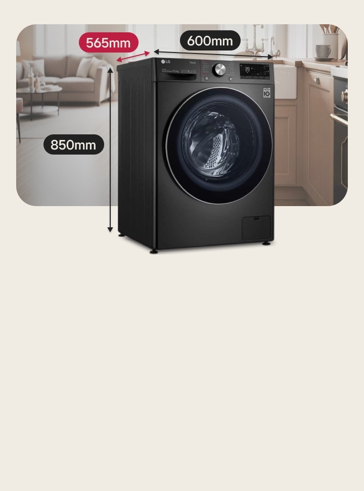 Machine à laver LG de taille moyenne en noir, avec une profondeur de 565 mm pour les cuisines standard.
