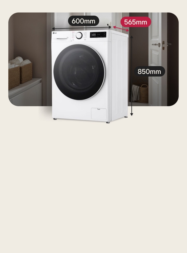 Petite machine à laver LG blanche avec une profondeur de 565 mm, idéale pour les buanderies étroites.