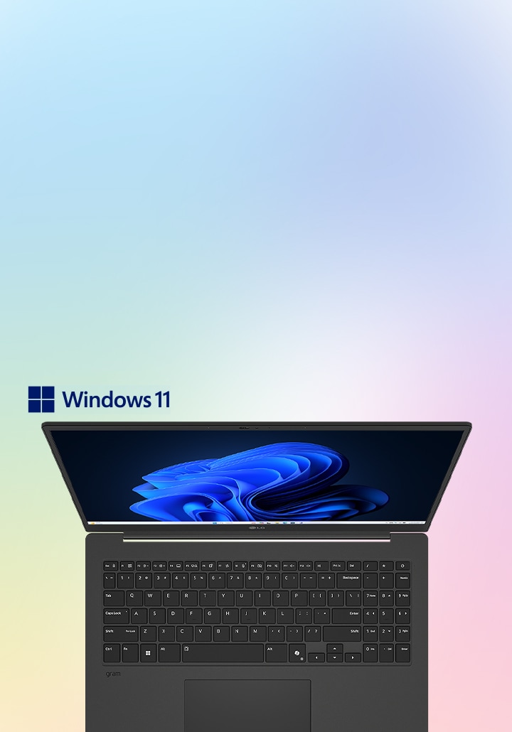 Cette image montre un ordinateur portable avec un écran bleu clair sur un arrière-plan dégradé doux, avec le logo Windows 11.
