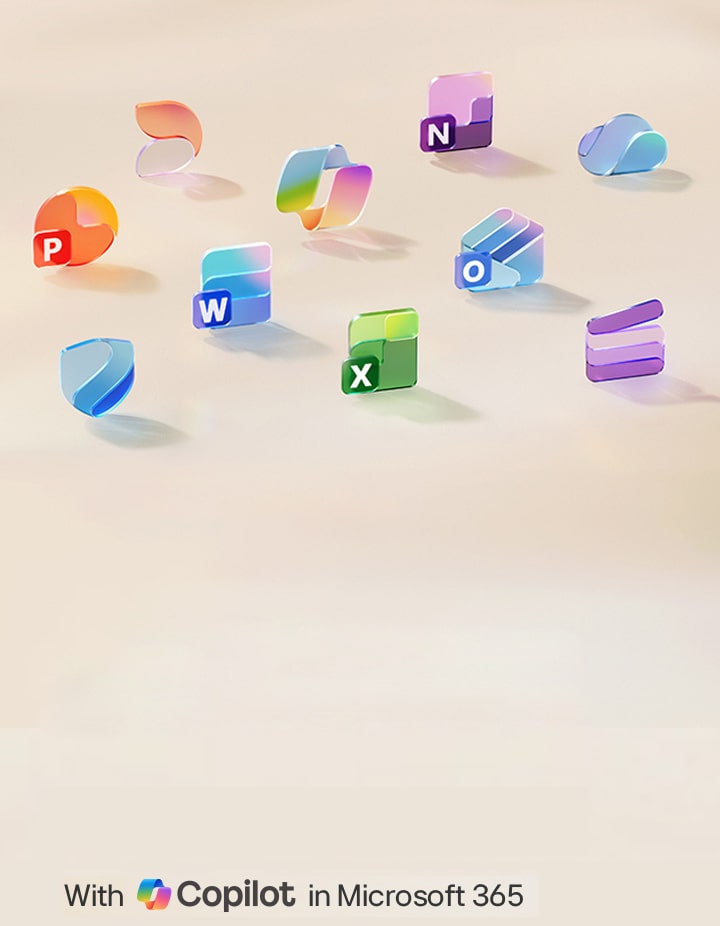 Cette image montre des icônes 3D colorées des applications Microsoft 365, notamment Word, Excel, PowerPoint, Outlook et OneDrive, sur un arrière-plan dégradé orange clair.