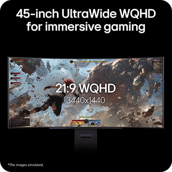 Cette image met en valeur un écran UltraWide WQHD (3 440 x 1 440) de 45 pouces dans un format d’image 21:9, offrant une expérience de jeu immersive avec un champ de vision plus large.