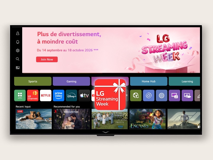 Interface d'accueil webOS affichant une bannière et l'icône LG Streaming Week**, avec des applications de streaming et des recommandations de contenus mises en avant à l'écran.