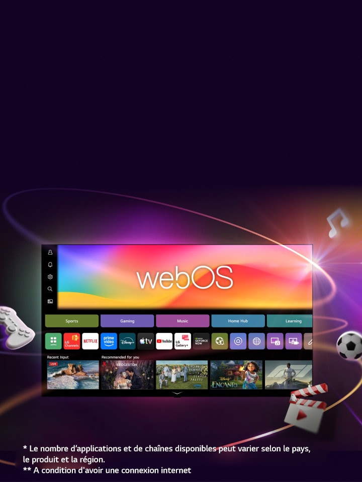 Téléviseur LG Smart TV affichant l'écran d'accueil webOS™, avec des applications de divertissement et des éléments de l'interface LG Channels qui se déploient autour de l'écran, mettant en avant plus de 4 000 applications et chaînes disponibles dans le monde.