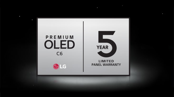 Un logo de garantie limitée de 5 ans sur le panneau pour le Premium OLED C6 sur fond sombre, représentant la tranquillité d'esprit face aux préoccupations de brûlure d'écran OLED.
