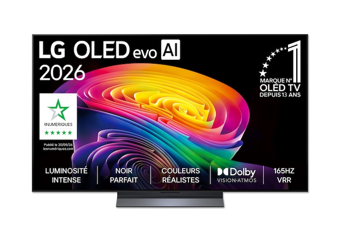 La vue avant de la LG OLED evo AI C6, lancée en 2026, présente un cadre noir fin, avec un tourbillon éclatant et sculpté de tons arc-en-ciel superposés circulant sur l’écran.