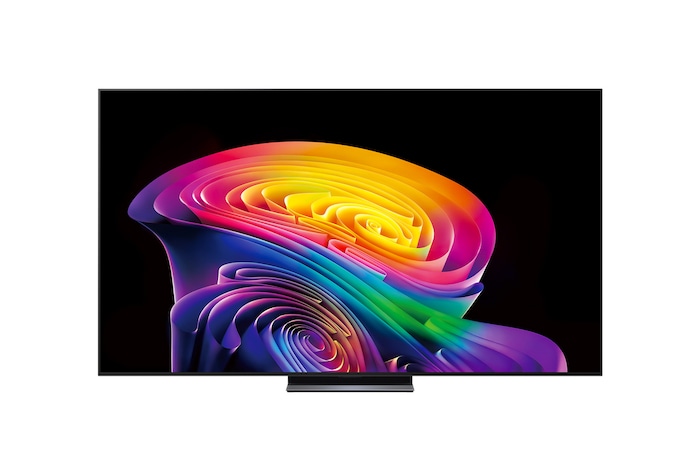 La vue avant de la LG OLED evo AI C6, lancée en 2026, présente un cadre noir fin, avec un tourbillon éclatant et sculpté de tons arc-en-ciel superposés circulant sur l’écran.
