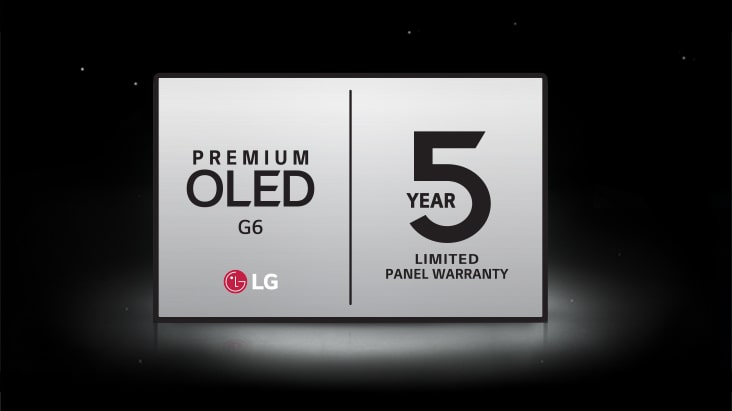 Le logo de la garantie limitée de 5 ans du panneau pour l’OLED G6 Premium est affiché sur un arrière-plan sombre.