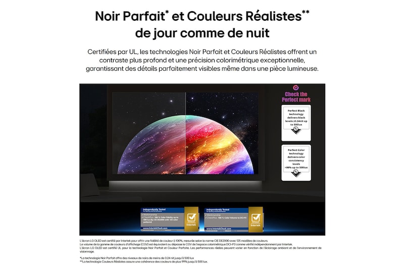 LG OLED evo AI G6 montre une scène planète et étoiles à écran partagé, comparant un écran mat anti-glare à son écran Noir absolu et couleur réaliste pour une qualité d’image plus claire sous n’importe quelle lumière, pris en charge par la certification UL et les certifications Intertek pour le volume et la fidélité des couleurs.