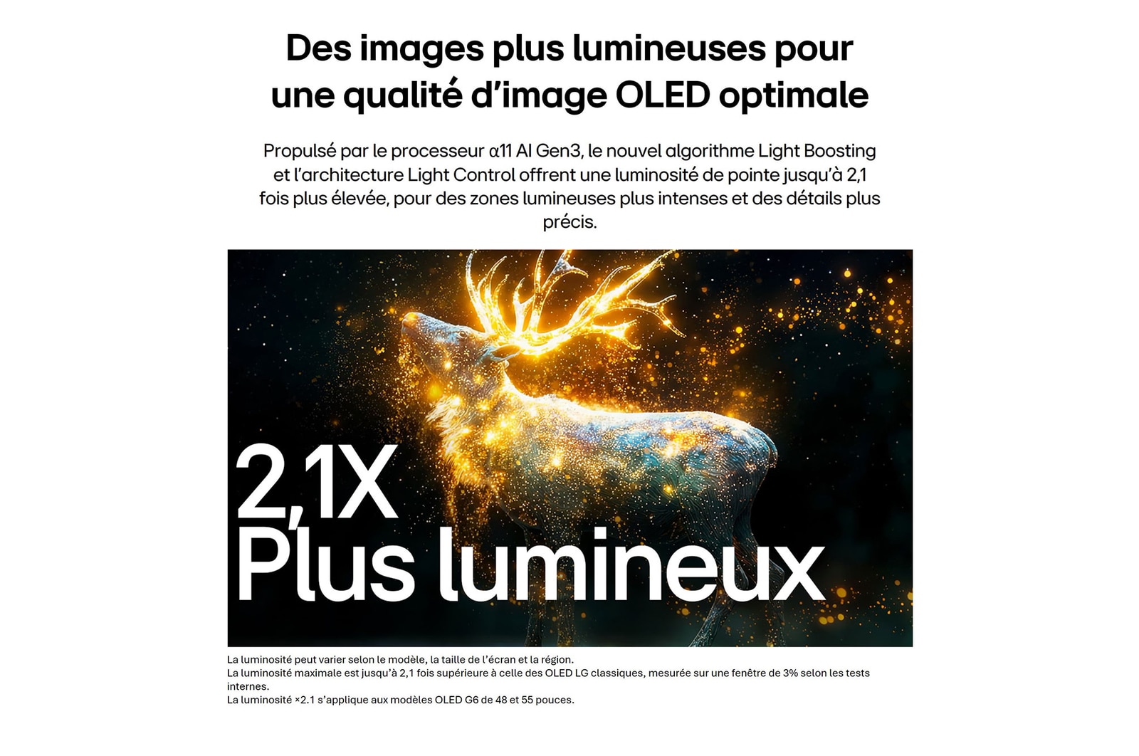 LG OLED evo AI G6 avec Brightness Booster Pro montre une scène sombre où une silhouette de cerf lumineuse se démarque au milieu de particules éclatantes, offrant une luminance 2,1 fois plus lumineuse avec des détails plus clairs.