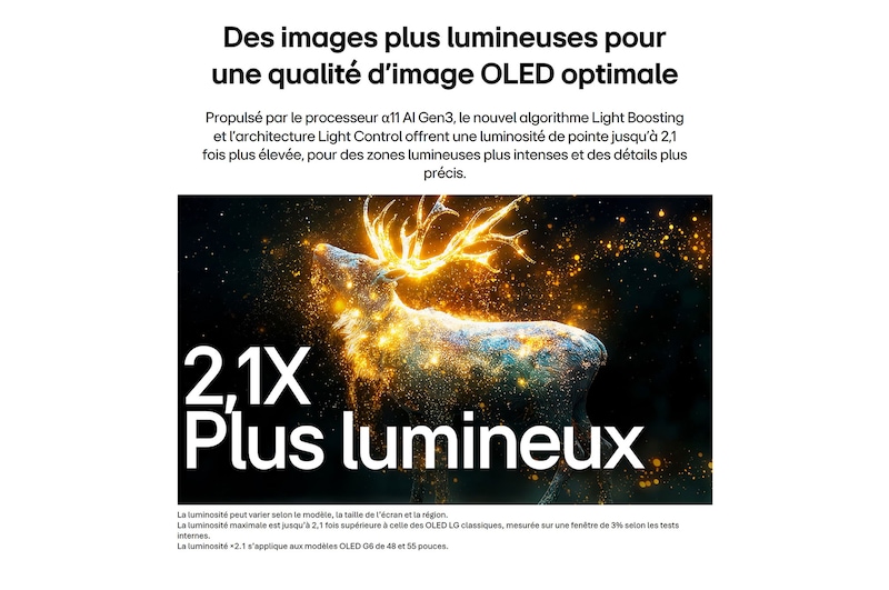 LG OLED evo AI G6 avec Brightness Booster Pro montre une scène sombre où une silhouette de cerf lumineuse se démarque au milieu de particules éclatantes, offrant une luminance 2,1 fois plus lumineuse avec des détails plus clairs.