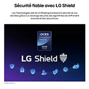 Le LG Shield, appliqué à LG OLED evo AI G6, est présenté avec un logo LG Shield au centre, des icônes de sécurité ci-dessous et un badge du lauréat des CES Innovation Awards 2026 ci-dessus, représentant la protection des données et du système.