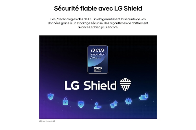 Le LG Shield, appliqué à LG OLED evo AI G6, est présenté avec un logo LG Shield au centre, des icônes de sécurité ci-dessous et un badge du lauréat des CES Innovation Awards 2026 ci-dessus, représentant la protection des données et du système.