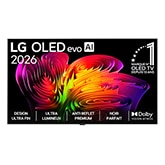La vue avant de la LG OLED evo AI G6, lancée en 2026, affiche une image de formes multicolores superposées, avec la technologie Hyper Radiant Color, Noir absolu et couleur réaliste, ainsi que le badge OLED TV n° 1 au monde pendant 13 ans.