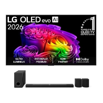 La vue avant de la LG OLED evo AI G6, lancée en 2026, présente un cadre fin noir, avec une image éclatante et sculpturale de formes multicolores richement superposées remplissant l’écran.