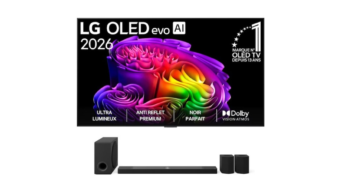 La vue avant de la LG OLED evo AI G6, lancée en 2026, présente un cadre fin noir, avec une image éclatante et sculpturale de formes multicolores richement superposées remplissant l’écran.