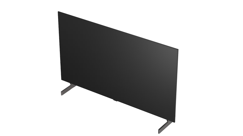 La vue avant de la LG OLED AI B6, lancée en 2026, présente un fin cadre noir, avec une image éclatante et sculpturale de formes multicolores richement superposées remplissant l’écran.