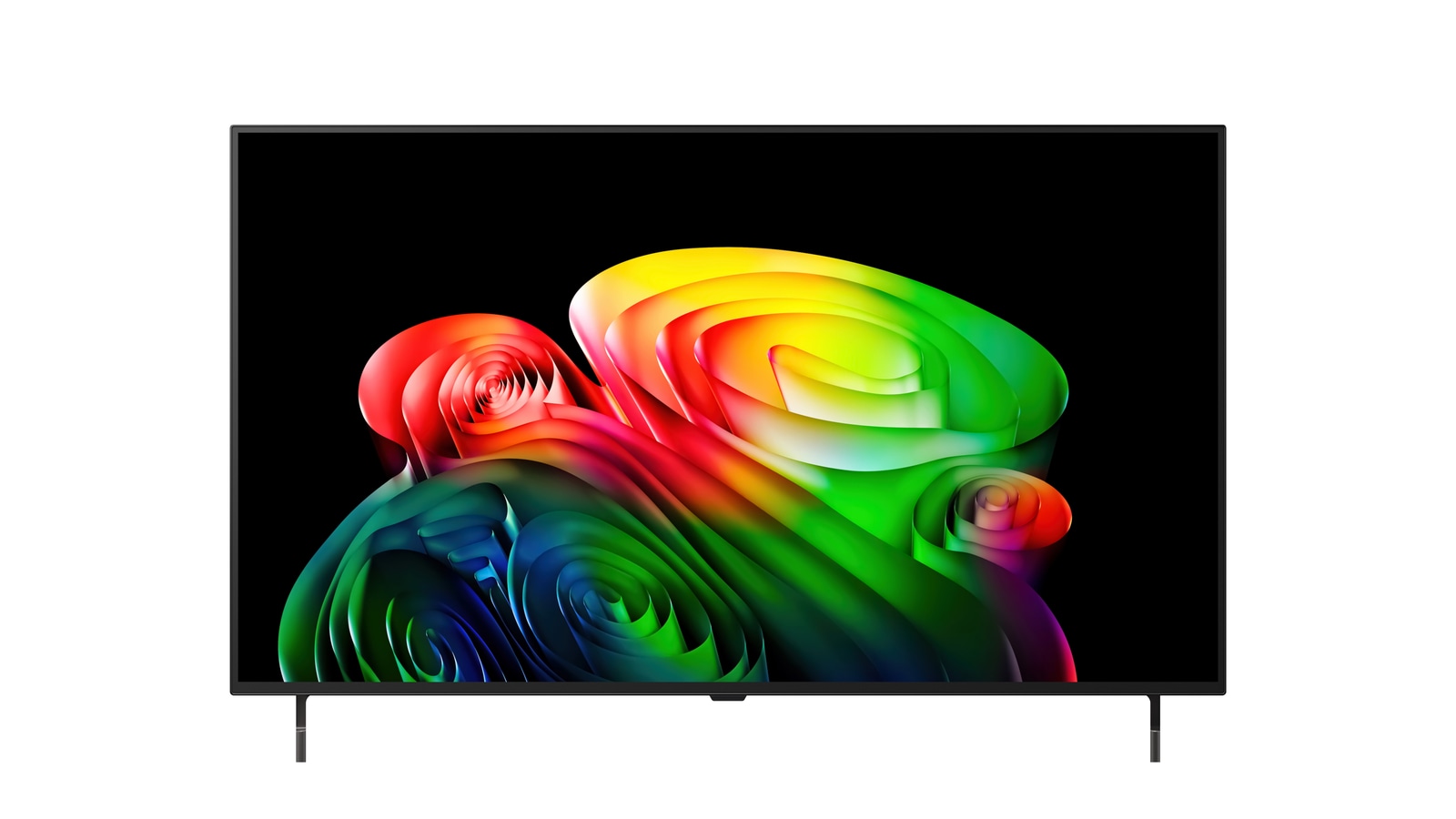 La vue avant de la LG OLED AI B6, lancée en 2026, présente un fin cadre noir, avec une image éclatante et sculpturale de formes multicolores richement superposées remplissant l’écran.