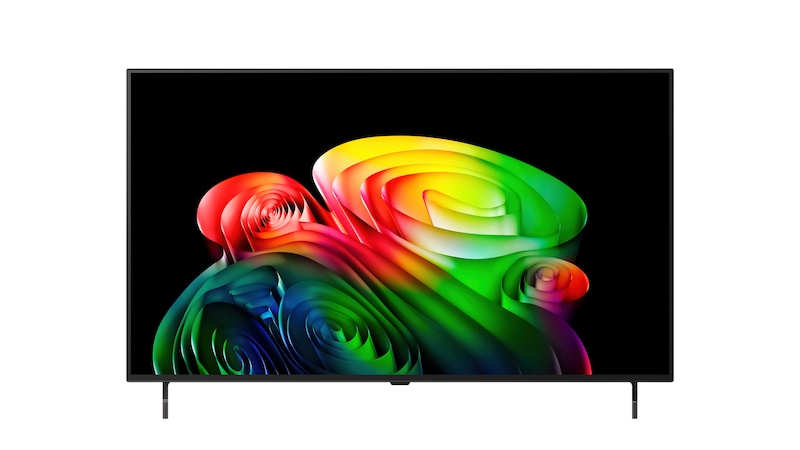 La vue avant de la LG OLED AI B6, lancée en 2026, présente un fin cadre noir, avec une image éclatante et sculpturale de formes multicolores richement superposées remplissant l’écran.