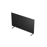 La vue avant de la LG OLED AI B6, lancée en 2026, présente un fin cadre noir, avec une image éclatante et sculpturale de formes multicolores richement superposées remplissant l’écran.