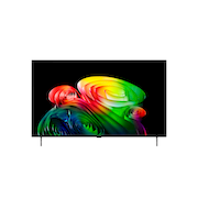 La vue avant de la LG OLED AI B6, lancée en 2026, présente un fin cadre noir, avec une image éclatante et sculpturale de formes multicolores richement superposées remplissant l’écran.