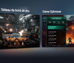 LG QNED evo AI QNED80 Mini LED avec Game Dashboard et Optimizer affiche des écrans de jeu côte à côte et un menu à l’écran pour ajuster les paramètres de jeu tels que le taux de rafraîchissement, la latence et les modes visuels en temps réel.