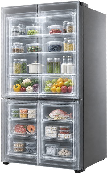 A modern refrigerator with transparent glass doors displaying organized food and drinks inside.