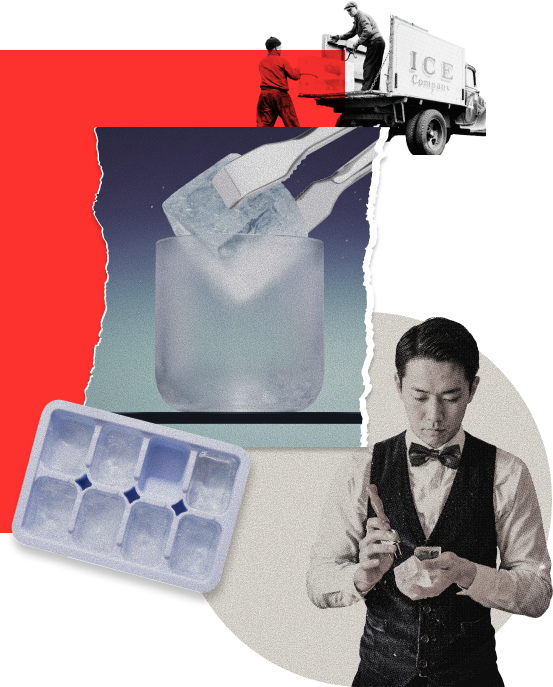 Collage illustrations of a bartender, an ice tray, and ice-delivery imagery beside the section heading against red accents.