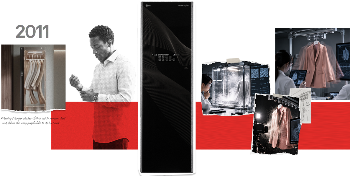 Product imagery of the 2011 LG Styler alongside development scenes and clothing care tests against red accent blocks.