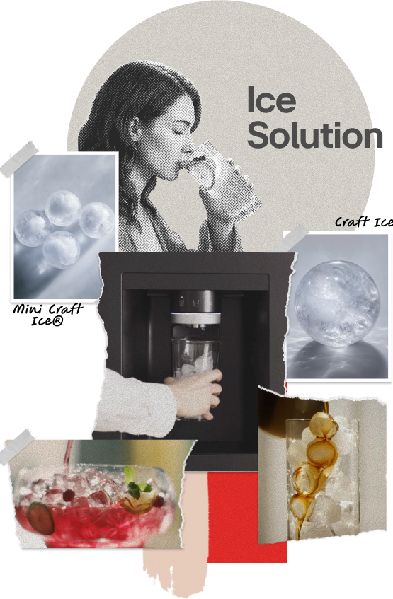 A woman drinking from a glass alongside photos of various ice types, dispensers, and drinks.