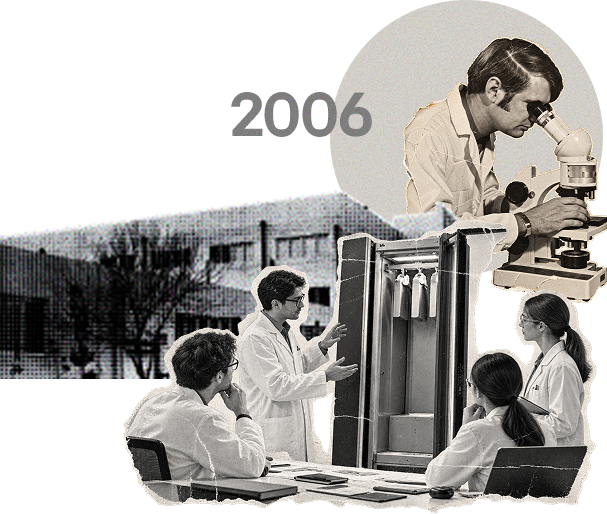 Archival black-and-white photos of engineers and early research facilities developing the first clothing care appliance.