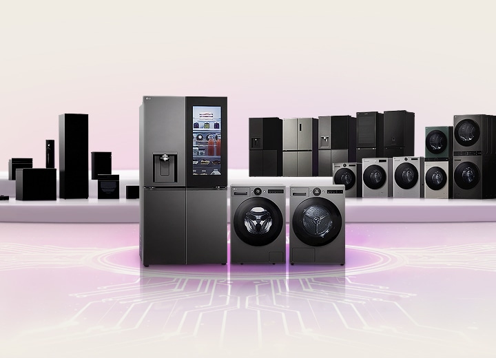 LG refrigerators, washers, and dryers displayed on a stage with a circuit board pattern