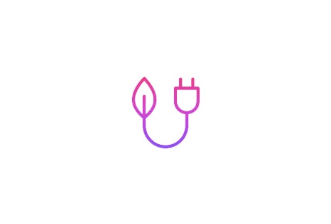An icon of a leaf connected to a power plug in purple tones, representing energy efficiency.