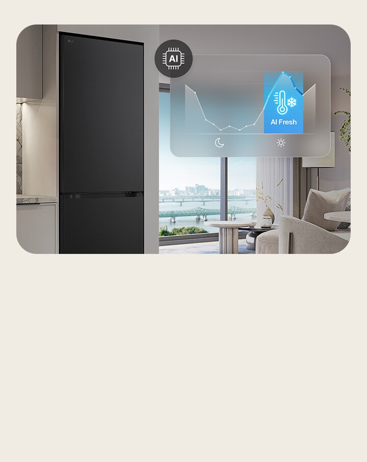 An LG refrigerator with an AI Fresh graphic showing temperature adjustments based on usage patterns.