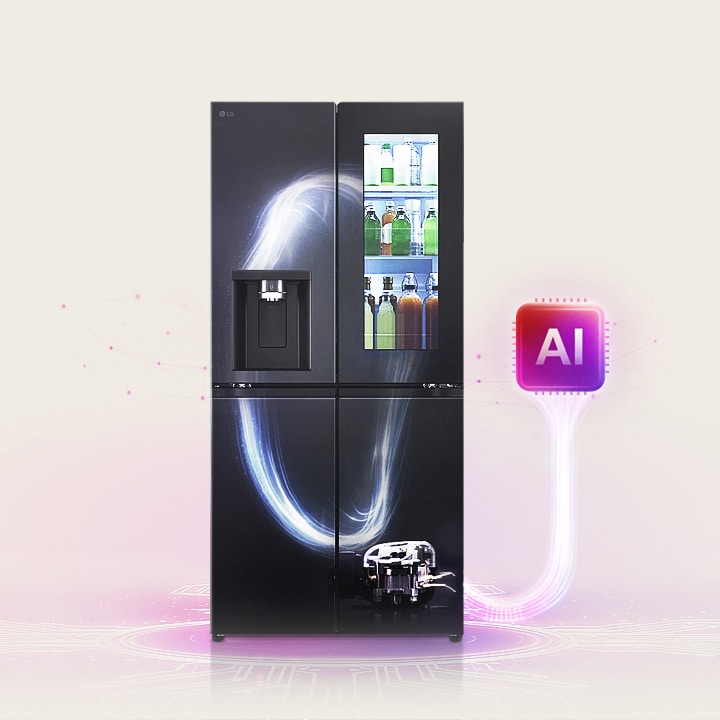 An LG refrigerator with an AI chip icon and glowing light effects on a light background.
